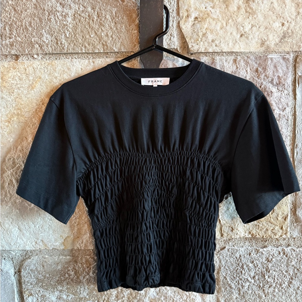 Frame Denim Black Smocked Short Sleeve Tee